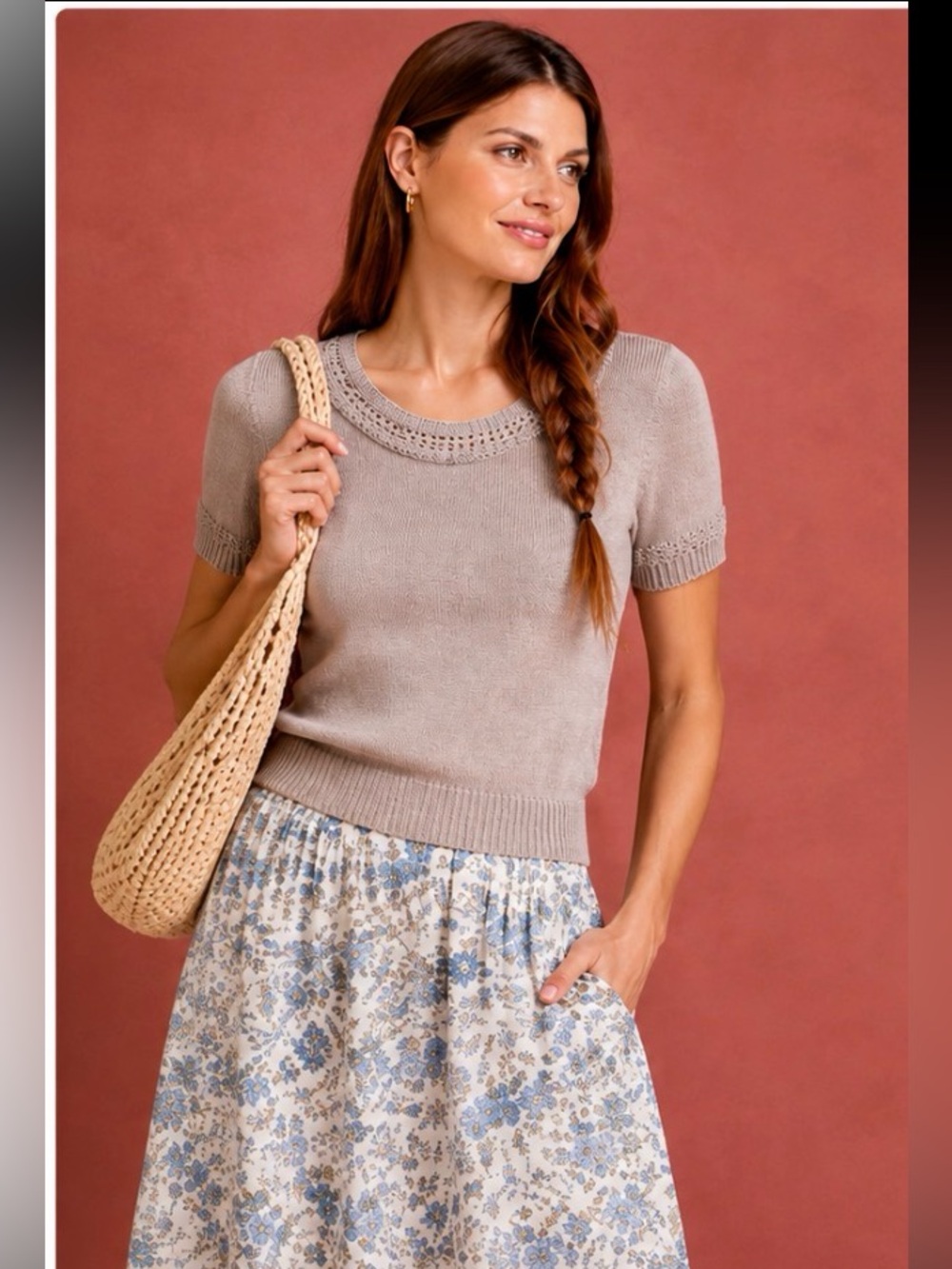 Anthropologie Taupe Crochet Trim Knit Sweater